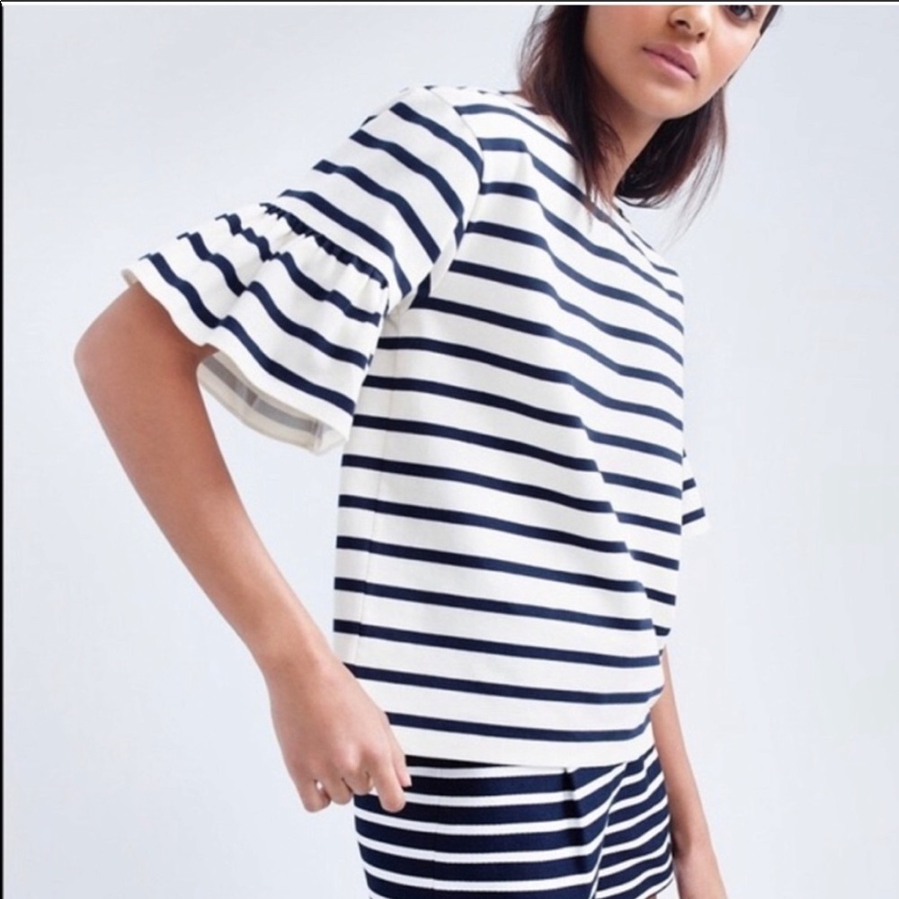 NWT!  J. Crew Navy & Cream Ruffled Arm Top